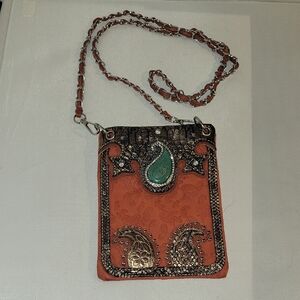 Western-style orange faux leather and Rhinestones Crossbody Bag